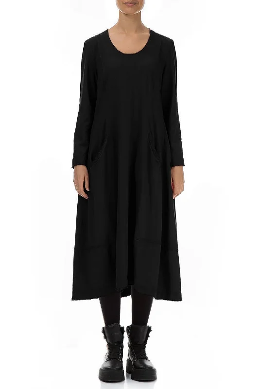 Casual Cotton Maxi Dresses-Long Flared Black Cotton Dress