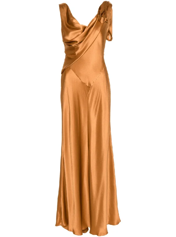 Yellow Vintage Maxi Dresses-draped-detail cognac long dress