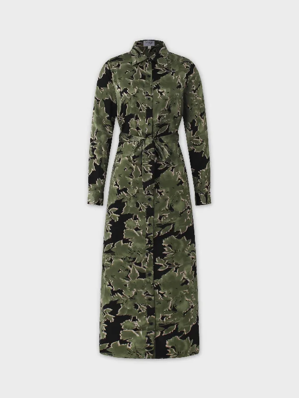 Backless Maxi Dresses-Long Shirtdress-Green/Black Floral