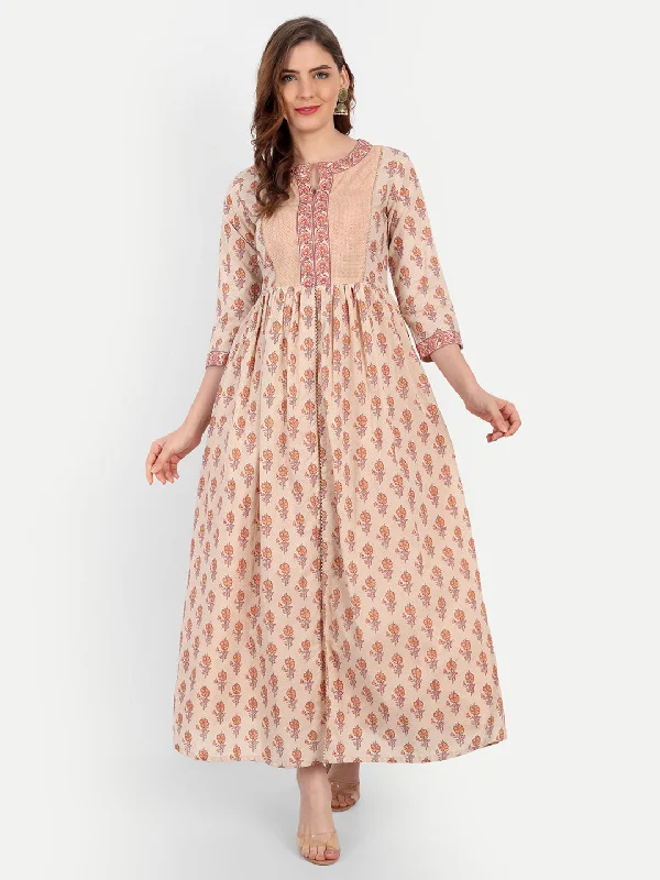 Formal Pink Maxi Dresses-Gold Printed Flared Long Dress with Lace Detail