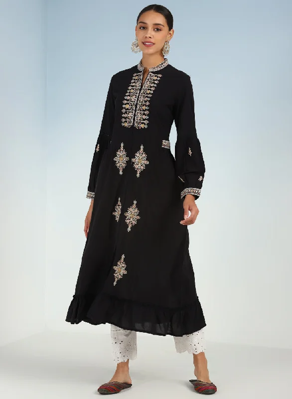 Date Maxi Dresses-Black Long Geometrical Embroidered Dress with Frilled Hem