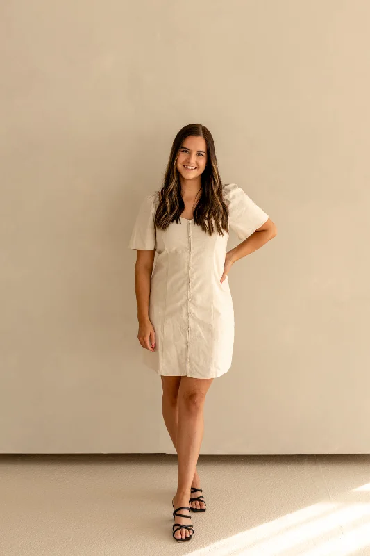 One Shoulder Formal Mini Dresses-Maddie Linen Mini Dress | Oatmeal