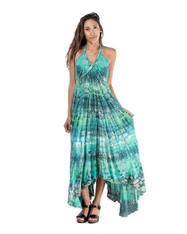 Satin V Neck Maxi Dresses-Tie Dye Long Goddess Dress