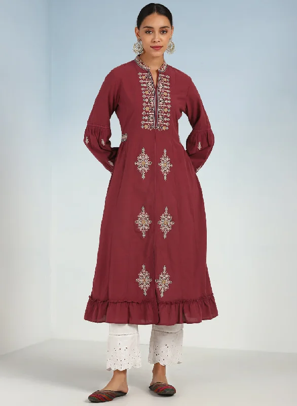 Cocktail Maxi Dresses-Maroon Long Geometrical Embroidered Dress with Frilled Hem