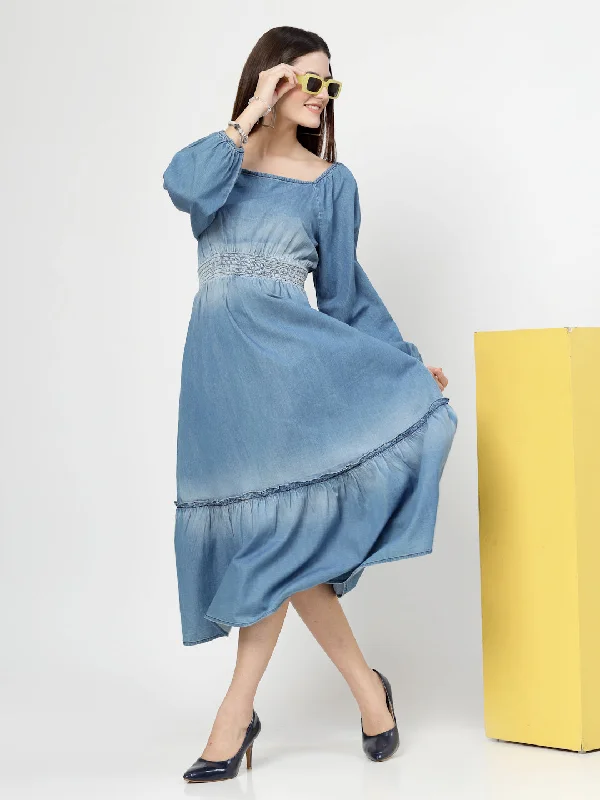 Floral Formal Maxi Dresses-Flounce Sleeve Ruffle Hem Shirred Bodice Denim Long Dress