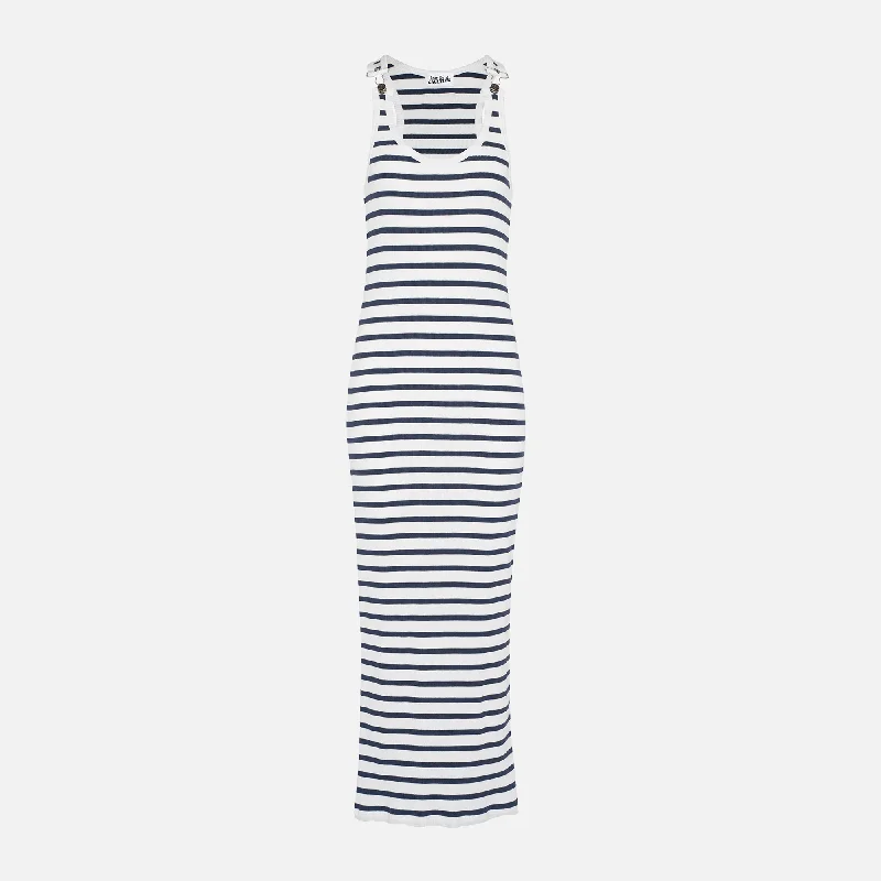 Knit Club Maxi Dresses-Jean Paul Gaultier Ribbed Mariniere Long Dress - White