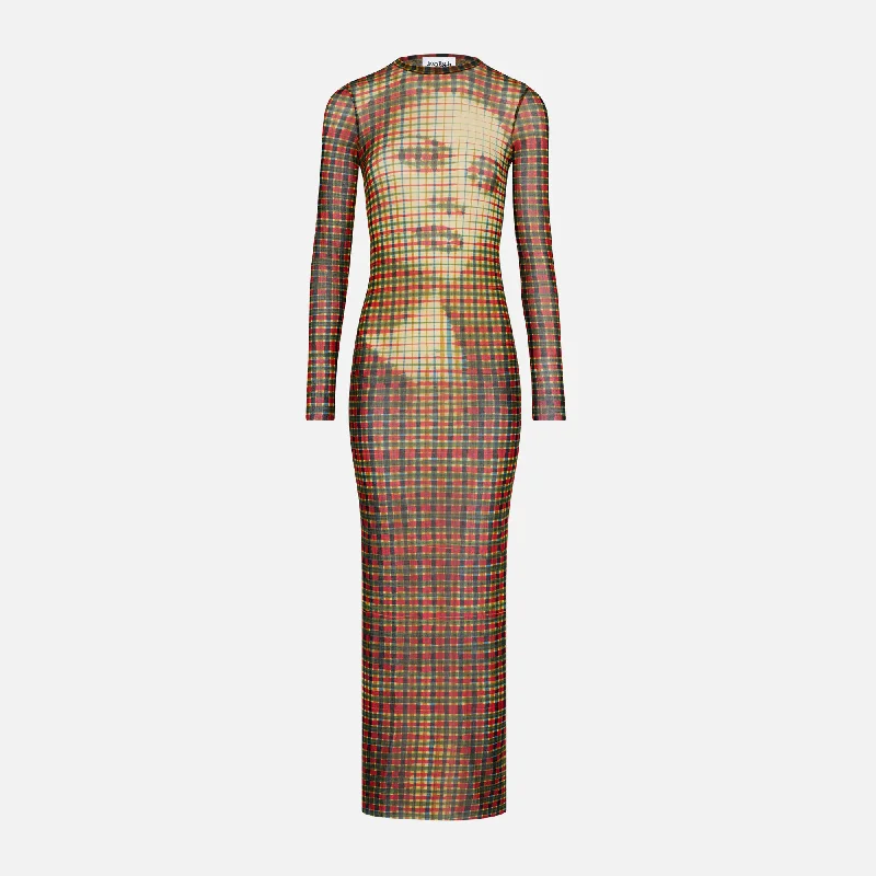 Cotton Party Maxi Dresses-Jean Paul Gaultier Mesh Long Dress - Printed Tartan Face