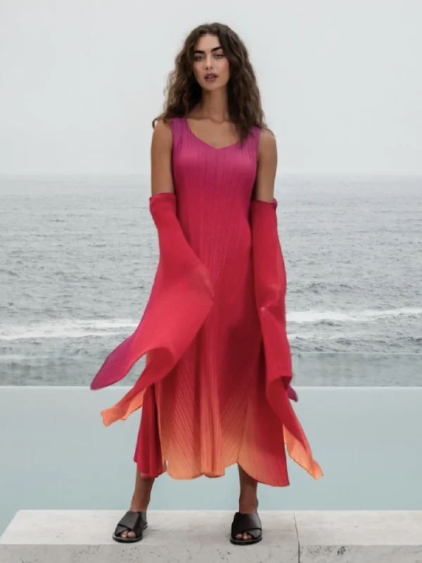 Designer Elegant Maxi Dresses-Long Ombre Pleats Dress - 4 Colours