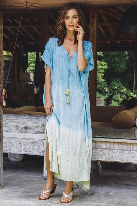 Embroidered Maxi Dresses-SHU-SHI Danielle Two Toned Ombre Tie Dye Long Caftan Dress with Short Sleeves & Tassel String