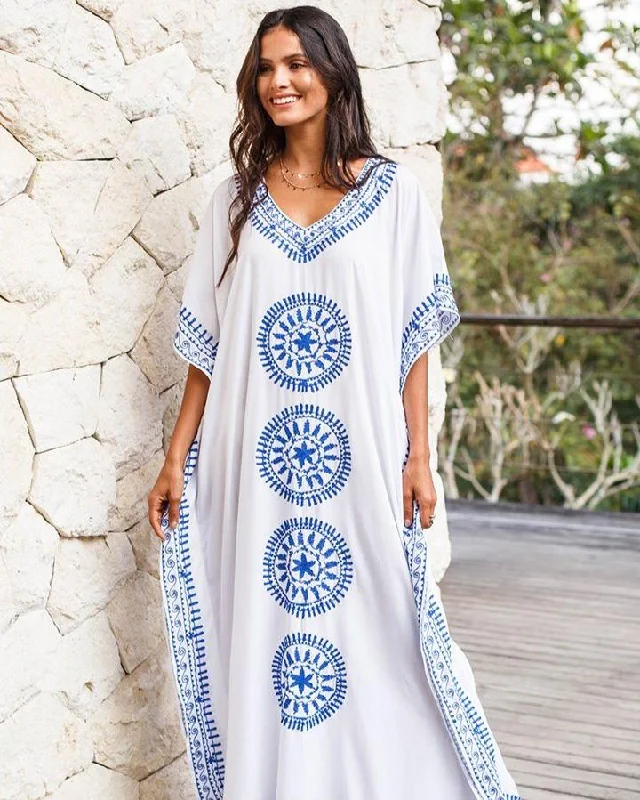 Maternity Maxi Dresses-Embroidered Long Kaftan Dress