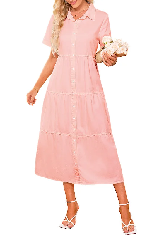 Pink Vintage Maxi Dresses-Gossamer Pink Women's Button Down Casual Babydoll Vacation Denim Long Dresses