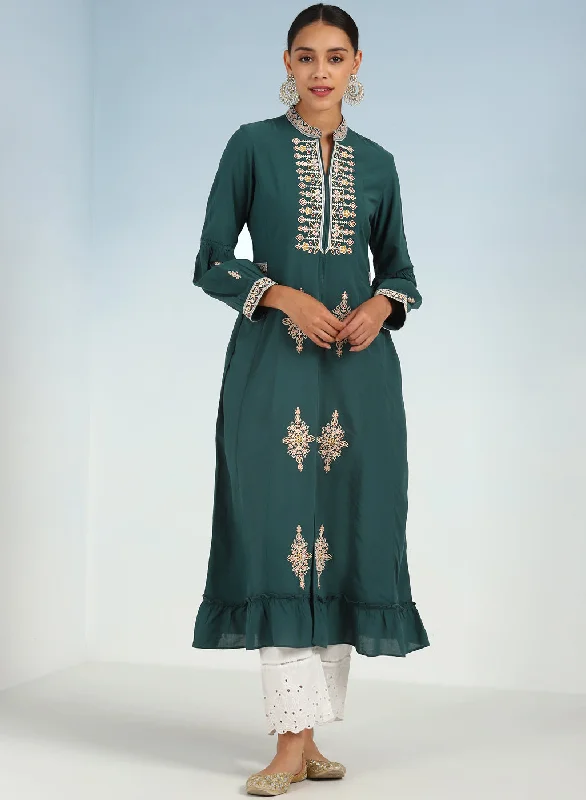 Sleeveless Maxi Dresses-Green Long Geometrical Embroidered Dress with Frilled Hem