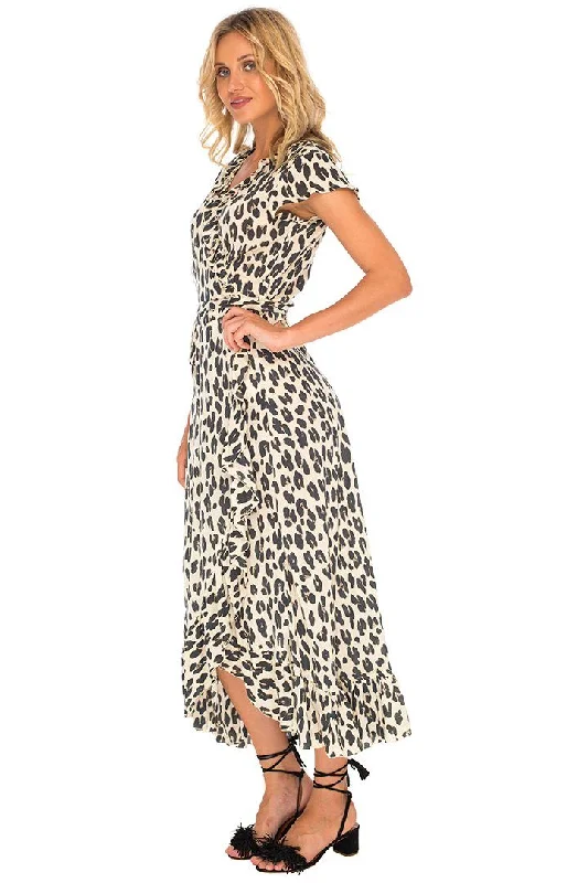 Floral Maxi Dresses-Leopard Print Long Wrap Dress with Cap Sleeves