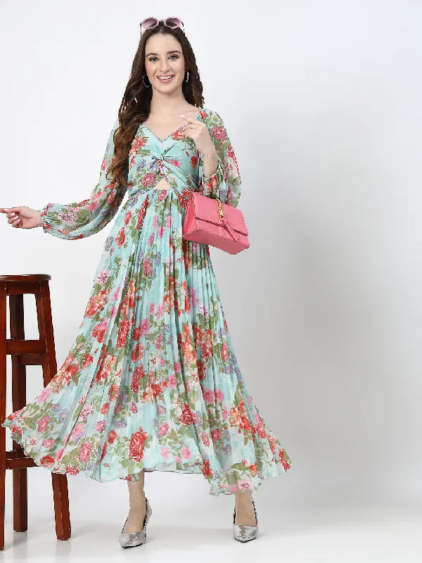 Elegant Party Maxi Dresses-Floral Print Sea Green Long Dress