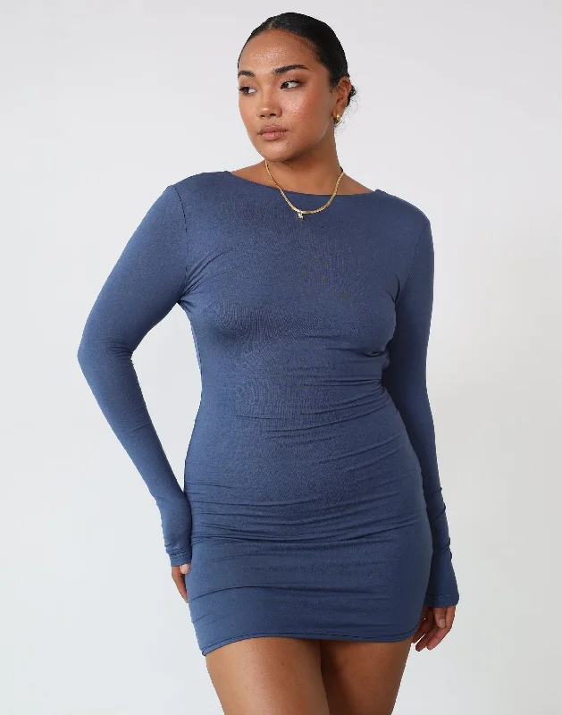 Satin Beach Mini Dresses-Luna Long Sleeve Mini Dress (Storm Blue)