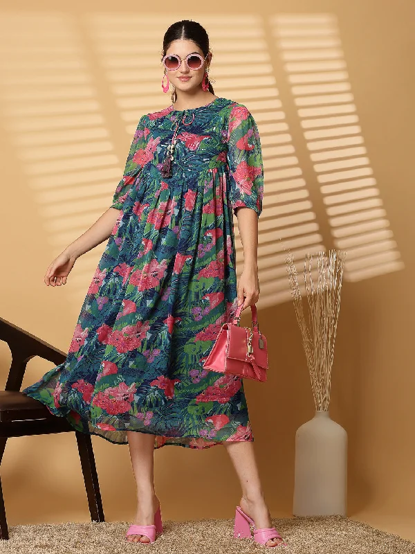 Designer Club Maxi Dresses-Green Floral Printed Chiffon Long Dress with Crepe Lining