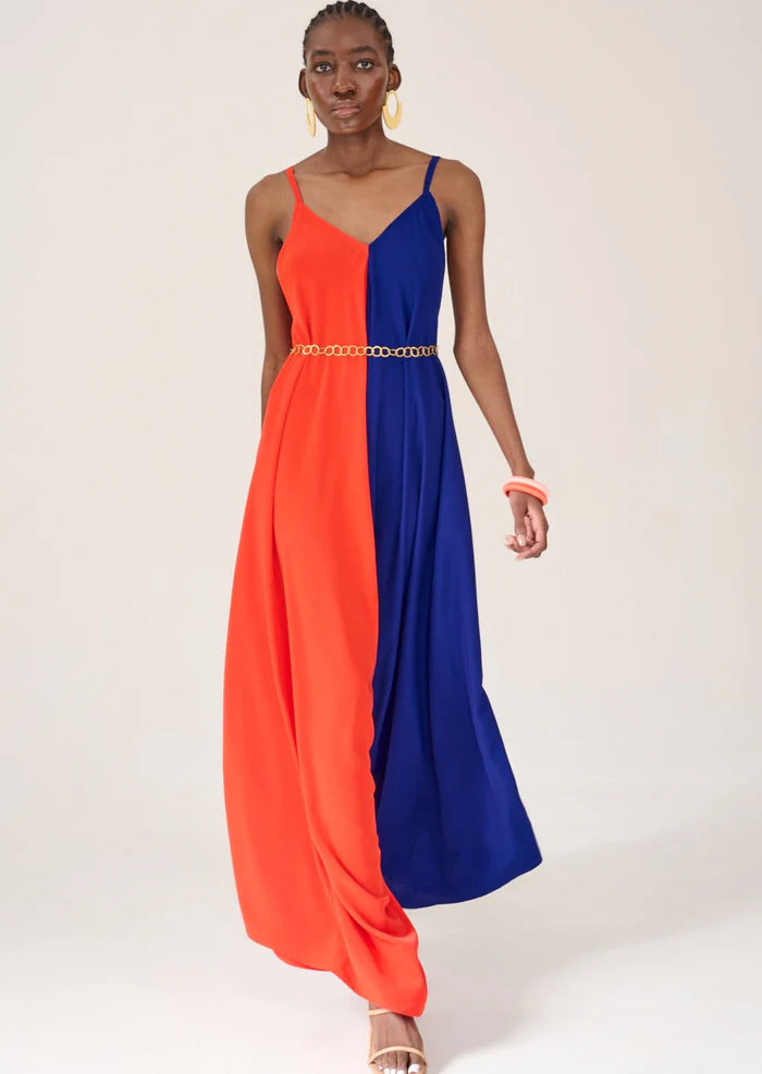 Designer Beach Maxi Dresses-Kahindo Longstreet Color Block Jumpsuit with spaghetti straps and side pockets