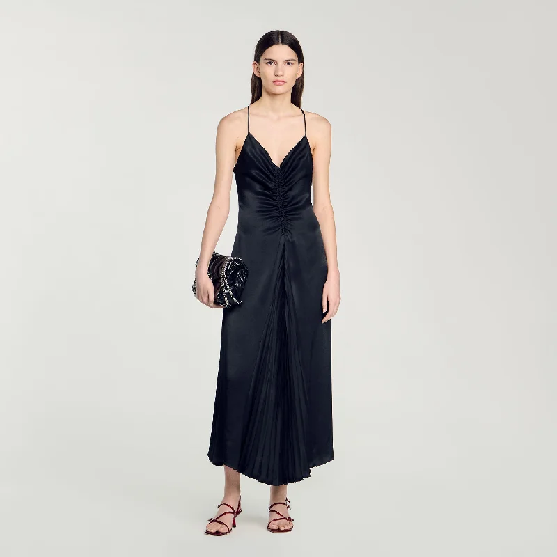 V Neck Maxi Dresses-Long Satin-Effect Dress