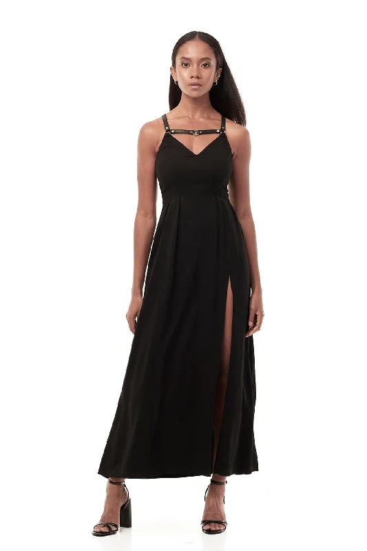 Mesh Grey Maxi Dresses-LONG HARNESS DRESS IN BLACK