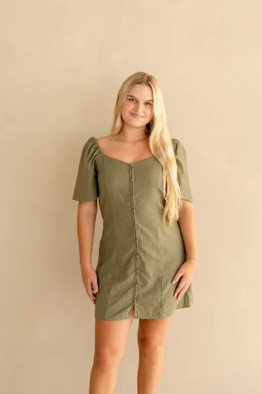 Backless Beach Mini Dresses-Maddie Linen Mini Dress | Olive