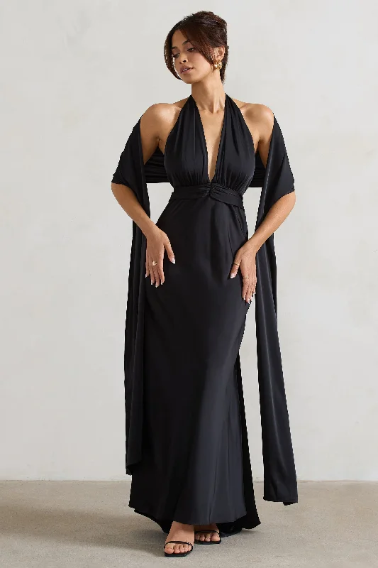 Backless Orange Maxi Dresses-Lucca | Black Satin Long Shawl