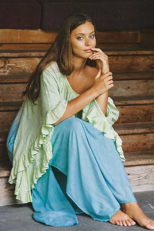 Sequin Maxi Dresses-Shu-Shi Tie-Dye Caftan Dress with Trompette 3/4 Sleeves - Long, Lime/Turquoise, Small/Medium