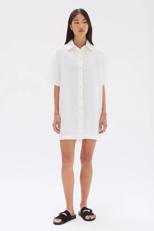 Cotton Mini Dresses-Louise Linen Mini Shirt Dress