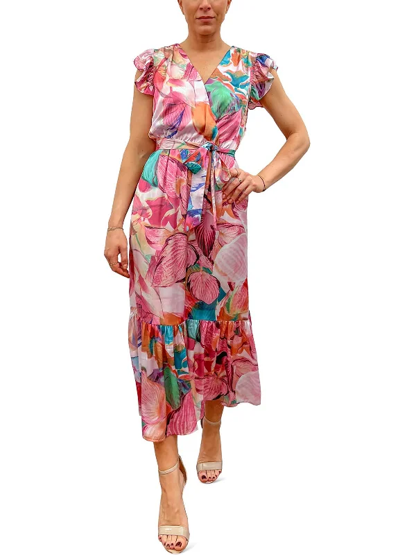 Red Boho Midi Dresses-Womens Floral Faux Wrap Midi Dress