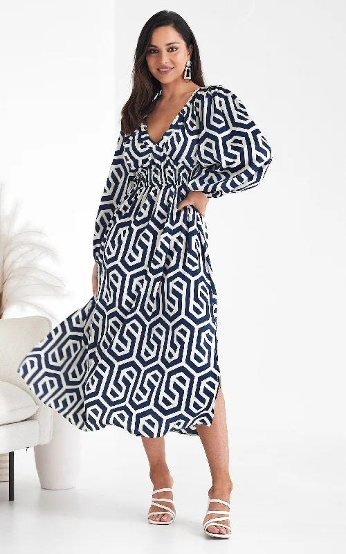 Geometric Yellow Midi Dresses-Ember Midi Dress - Blue Cream Geometric Print