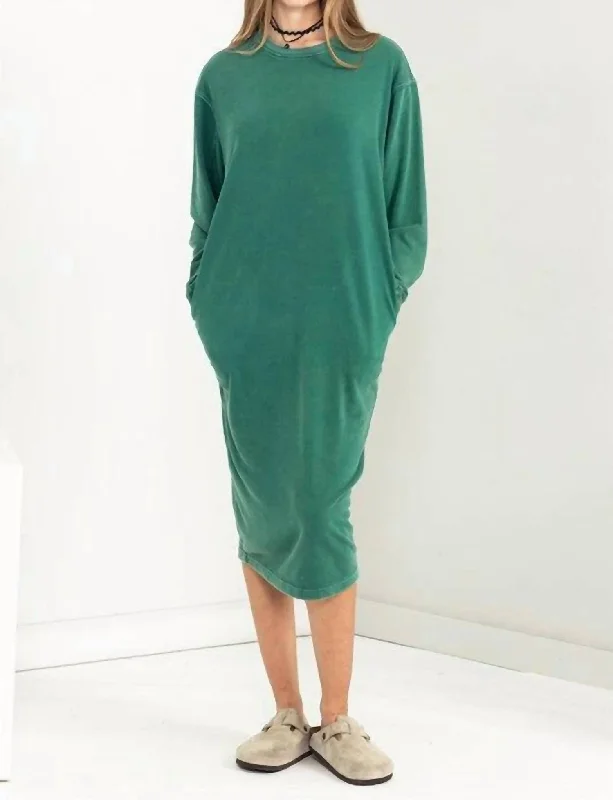 Striped Casual Midi Dresses-Long Sleeve Midi Sweatshirt Dress In Pine Green