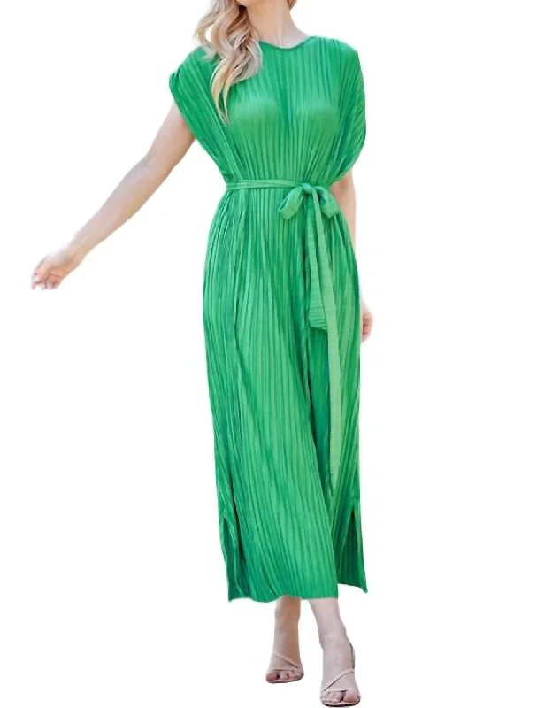 High Neck Club Midi Dresses-Plisse Midi Dress In Green