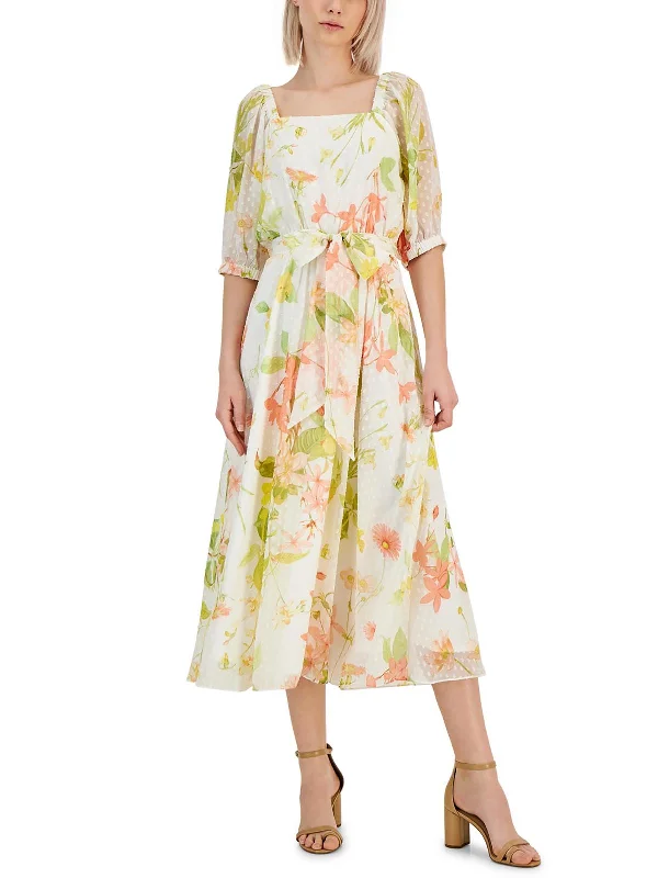 Work Grey Midi Dresses-Womens Floral Print Chiffon Midi Dress