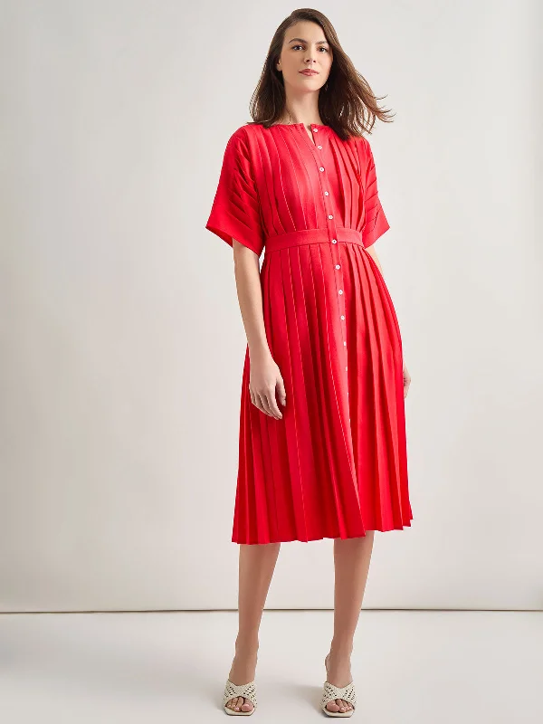 Velvet Casual Midi Dresses-Midi Fit & Flare Dress - Hand Pleated Woven