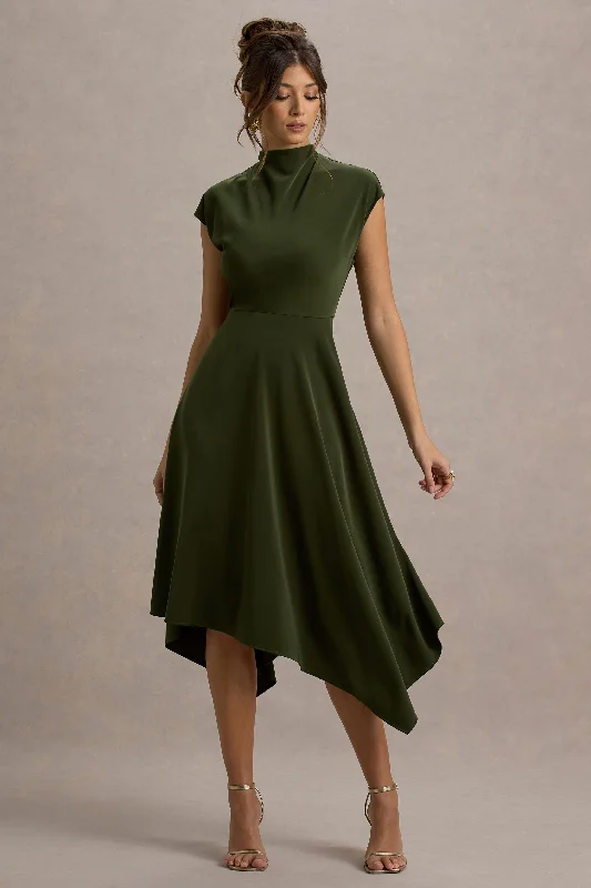 Beach Purple Midi Dresses-Velma | Olive Satin Midi Dress With Draped Hem