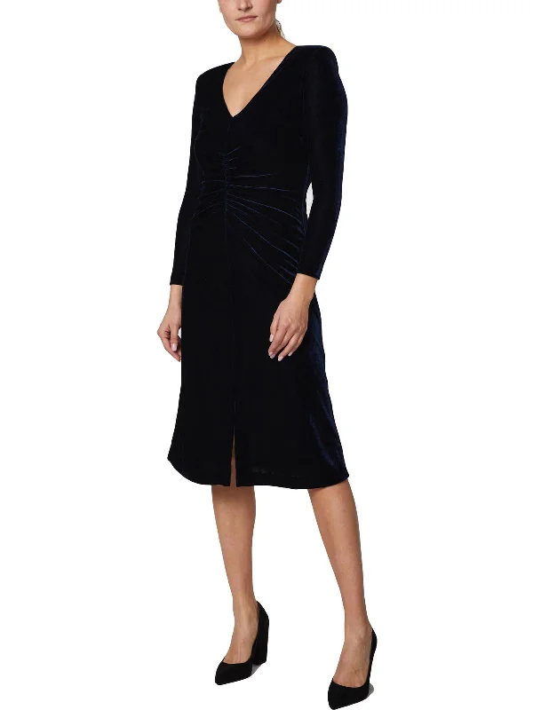 Embroidered Winter Midi Dresses-Womens Velvet Ruched Midi Dress