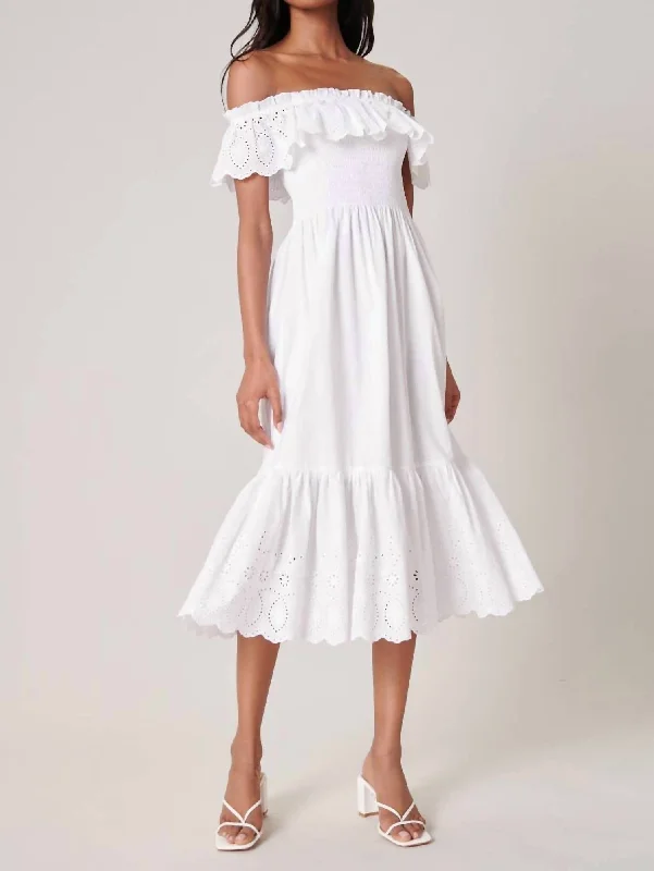 Beaded Midi Dresses-Esmeralda Smocked Eyelet Midi Dress In White