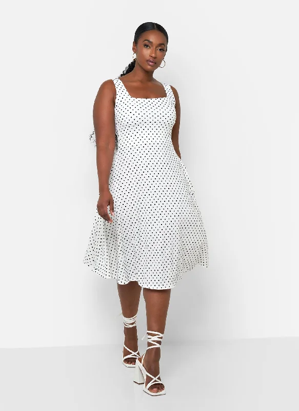 Chiffon One Shoulder Midi Dresses-Bailey Polka Dot Midi A Line Dress - White & Black