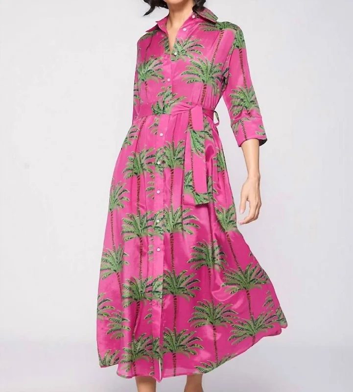 Designer Midi Dresses-Natalia Palm Midi Dress In Pink Multi