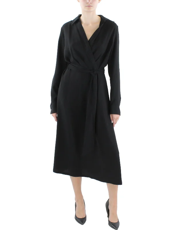 Long Sleeve Work Midi Dresses-Womens Surplice Georgette Midi Dress