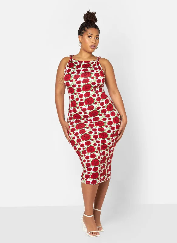 One Shoulder Midi Dresses-Ella Floral Knotted Strap Bodycon Midi Dress