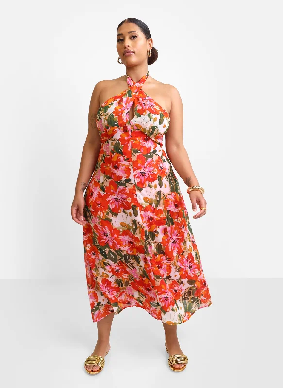 V Neck Summer Midi Dresses-Giada Floral Halter Midi Slip Dress