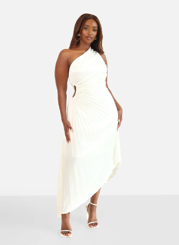 Strapless Beach Midi Dresses-Calla Lily Satin Pleated Midi Shift Dress