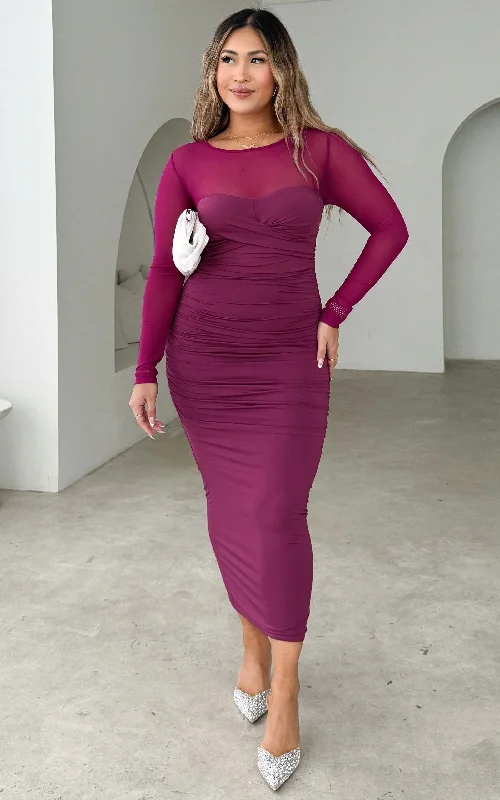 Designer Club Midi Dresses-Veda Mesh Midi Dress - Magenta Purple