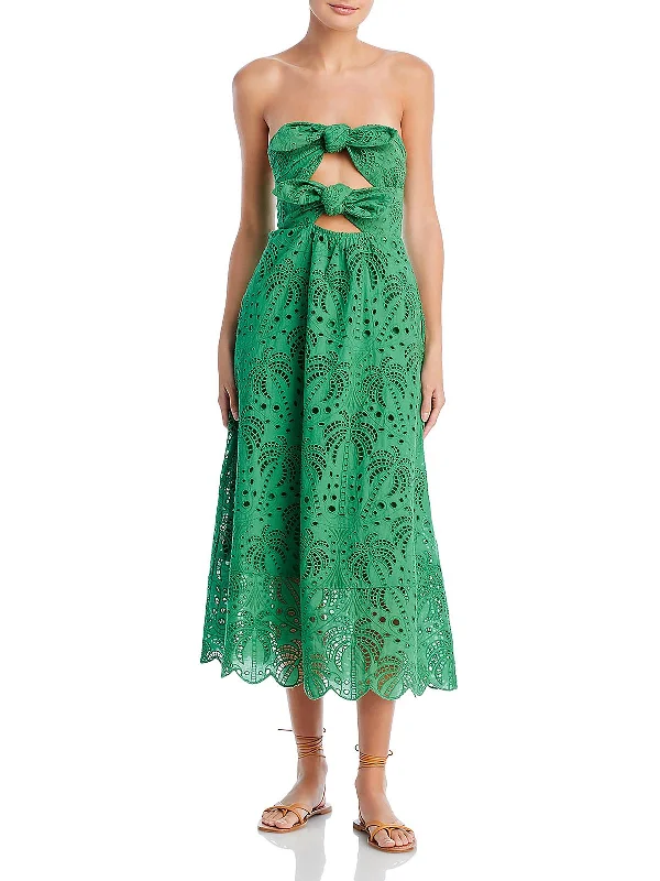 Green Winter Midi Dresses-Coconut Tree Womens Eyelet Cotton Midi Dress