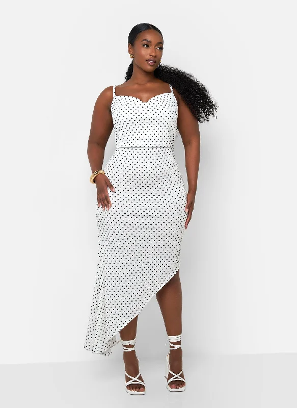 Beach Knit Midi Dresses-Gloria Polka Dot Cowl Neck Midi Bodycon Dress - White & Black