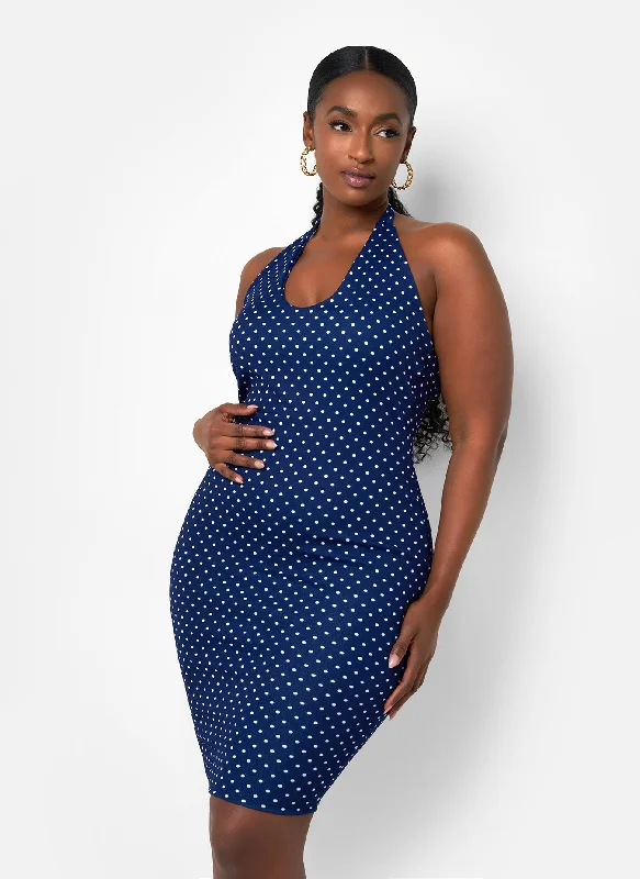 Yellow Club Midi Dresses-Holly Polka Dot Halter Midi Bodycon Dress - Navy & White