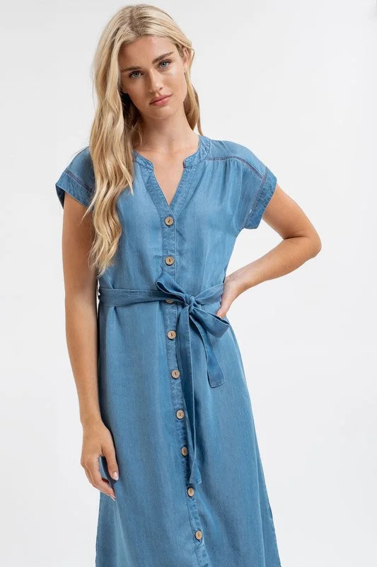 Yellow Vintage Midi Dresses-CHARLI CHAMBRAY BUTTON DOWN BELTED MIDI DRESS S-2XL