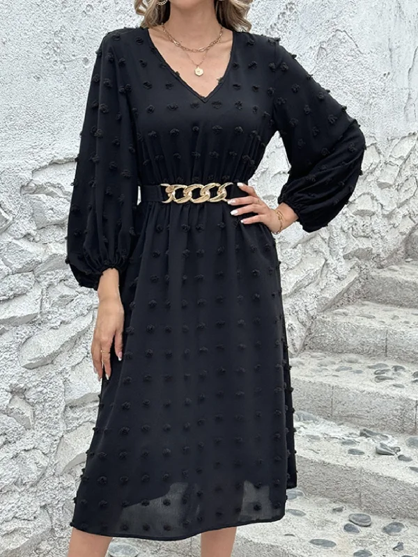 Winter Knit Midi Dresses-Swiss Dot V-Neck Long Sleeve Midi Dress