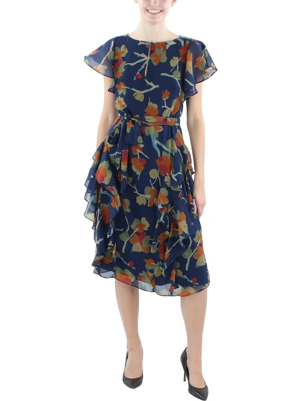 Sequin Summer Midi Dresses-Womens Floral Print Chiffon Midi Dress