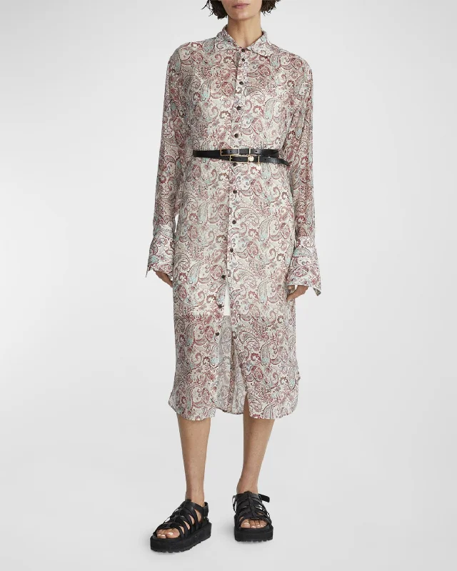 Long Sleeve Casual Midi Dresses-Leona Sheer Paisley Midi Shirtdress